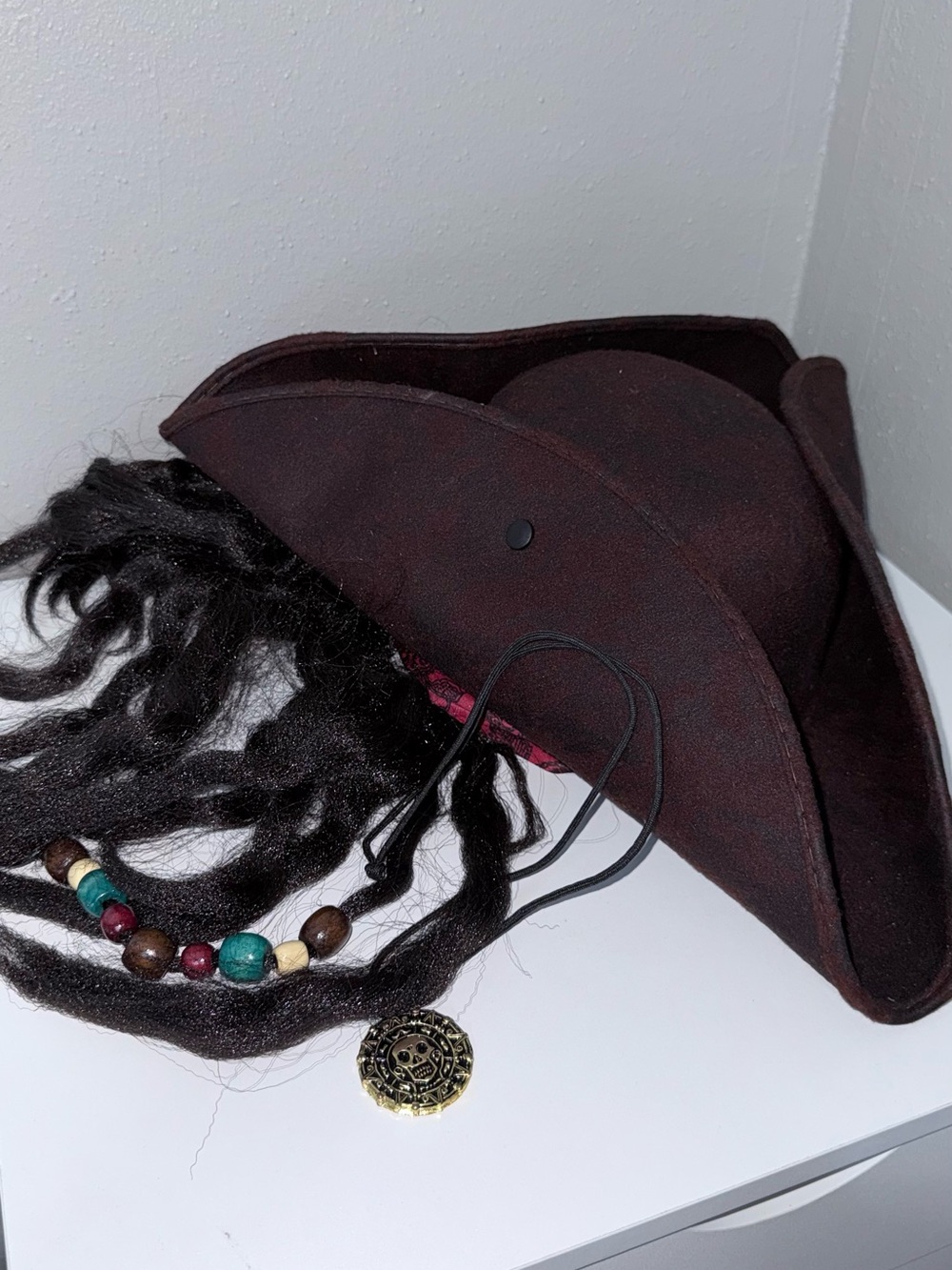 Brown Pirate Tricorn Hat with Beaded Dreadlocks and Gold-tone Medallion